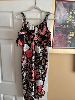 RACHEL Rachel Roy Black Midi Dress with Coral, Pink & White Floral Print
